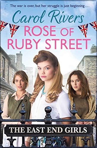 Book cover: three women, 1940s setting, British flags, "Rose of Ruby Street".