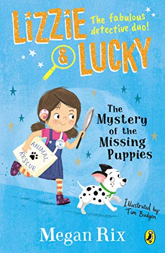 A girl holding a magnifying glass and a puppy running on a blue background.
