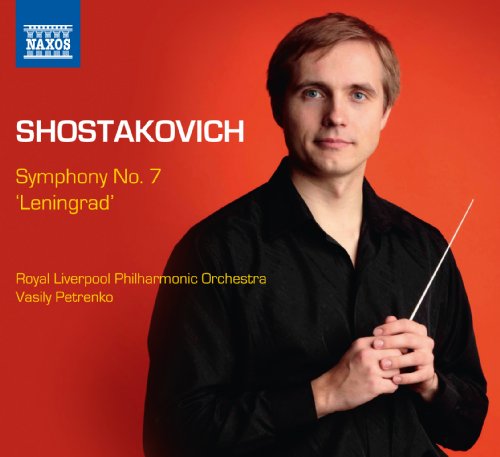 Vasily Petrenko holds a baton against a red background on a Naxos CD cover.