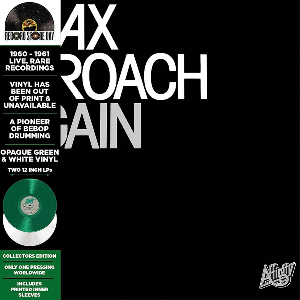 Max Roach Again vinyl album cover featuring white text on a black background.