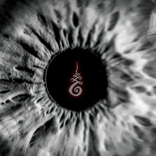 Close-up of an eye with a dark center and white symbol.