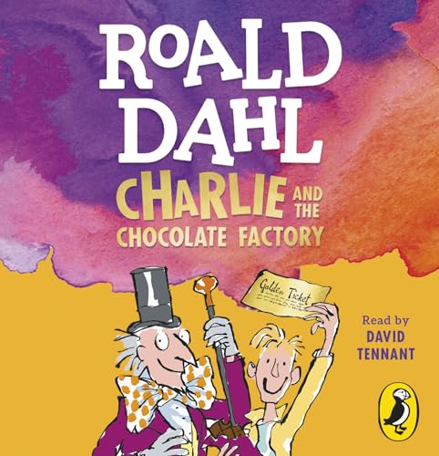 Book cover of "Charlie and the Chocolate Factory" with characters and gold ticket.