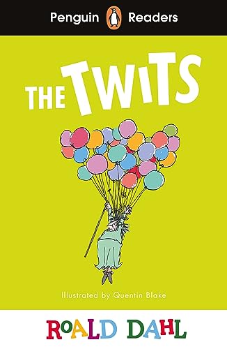 Book cover for "The Twits" by Roald Dahl, with balloons and a figure.
