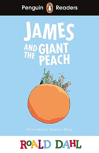 Book cover for James and the Giant Peach featuring characters on a giant peach.