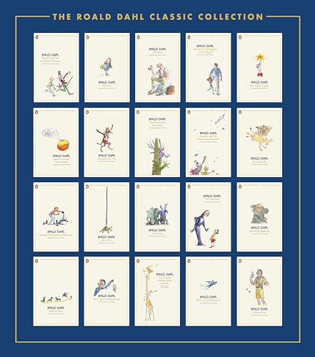 A grid of twenty Roald Dahl book covers with cream backgrounds and classic illustrations.
