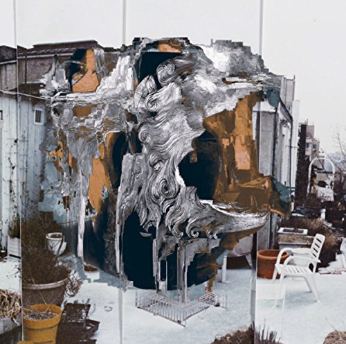 A distorted image of a building with potted plants and white patio chairs.