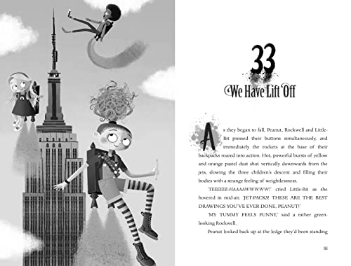 Three children with jetpacks fly past a skyscraper in this black and white illustration.
