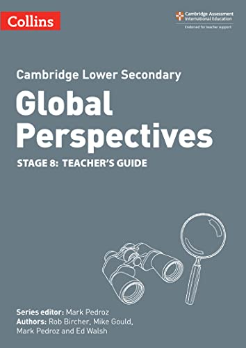 Blue textbook cover with “Global Perspectives Stage 8” title and binoculars.