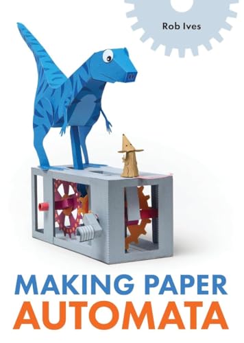 A blue paper dinosaur model stands on a mechanical base with colorful paper gears.