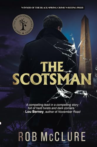 Book cover: man in coat, shattered glass, and a distant monument.