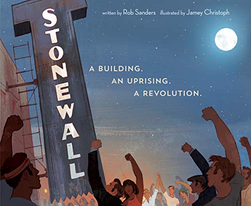 Book cover showing a crowd with raised fists beneath a large Stonewall sign at night.