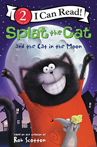 Splat the Cat smiling in front of a full moon with a mouse holding cheese.