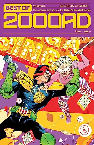 Comic book cover featuring Judge Dredd in action with a bingo-playing assailant.