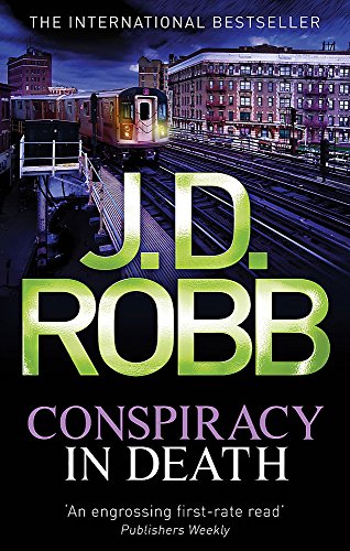 Book cover: "Conspiracy in Death" by J.D. Robb, with a train scene.