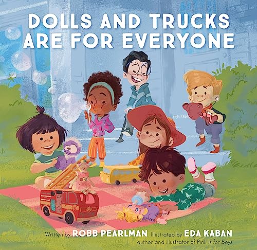 Diverse children playing with dolls, trucks, and bubbles on a blanket.