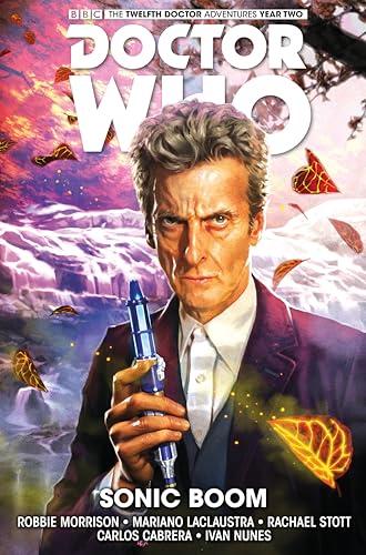 The Twelfth Doctor holds a sonic screwdriver against a fantastical, icy landscape.