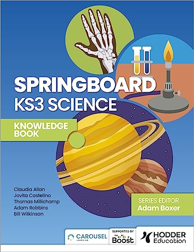 KS3 Science knowledge book cover with planets, bones, and lab equipment.