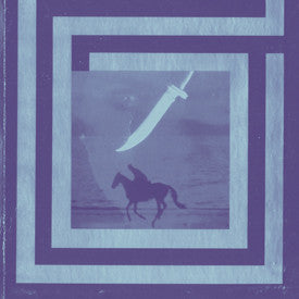Silhouetted rider on horseback beneath a large, floating blade.