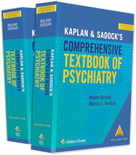 Two blue psychiatry textbooks, “Kaplan and Sadock’s Comprehensive Textbook of Psychiatry.”
