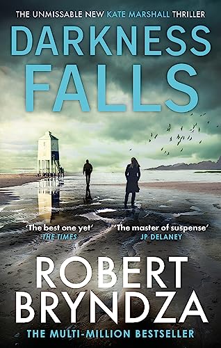 Book cover: “Darkness Falls” with a beach scene and two figures.