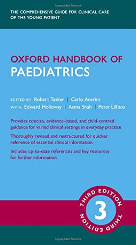Blue and white cover of "Oxford Handbook of Paediatrics" third edition.