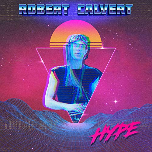 "Album cover with man playing synthesizer, retro-futuristic design, and vibrant pink and blue colors."
