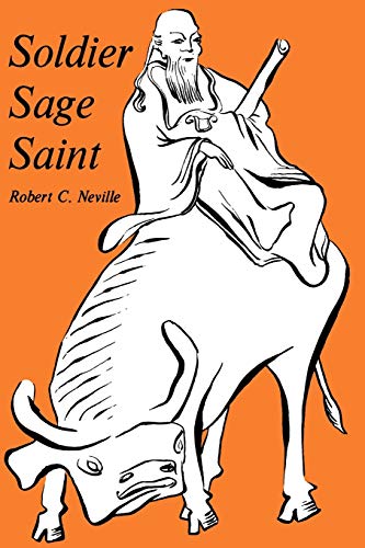 Line drawing of a bearded man riding an ox on an orange background.