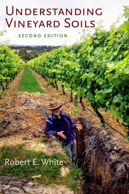 A man stands in a vineyard next to an excavated soil pit.