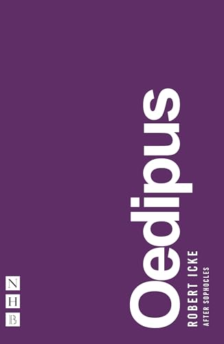 Book cover with purple background, white vertical text reading Oedipus by Robert Icke.