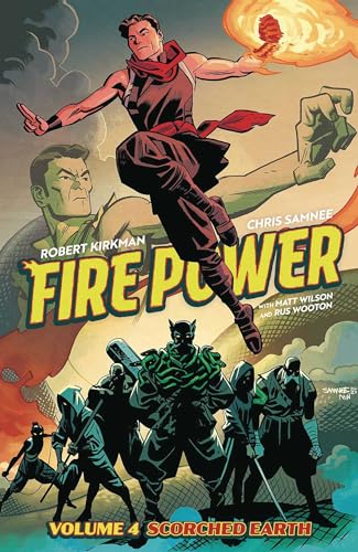 Comic book cover: a leaping figure with fiery power, shadowed opponents.