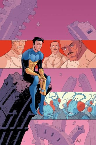 Invincible sits on a rock overlooking alien creatures and city ruins.