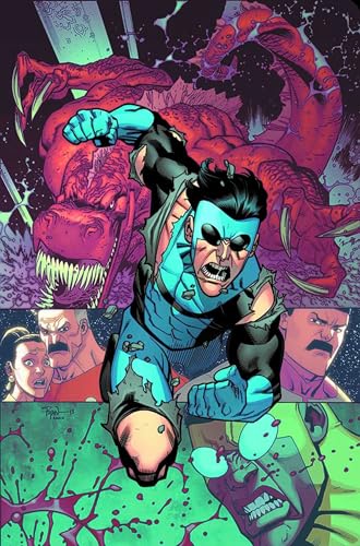 Invincible superhero flies toward a massive red dragon, dynamic action scene.
