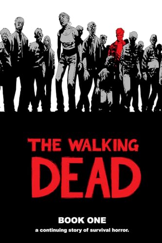 Black and white illustration of a zombie horde with one figure in red.