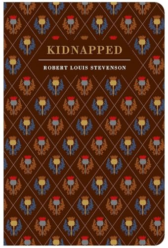 Book cover of Kidnapped by Robert Louis Stevenson with a brown diamond thistle pattern.