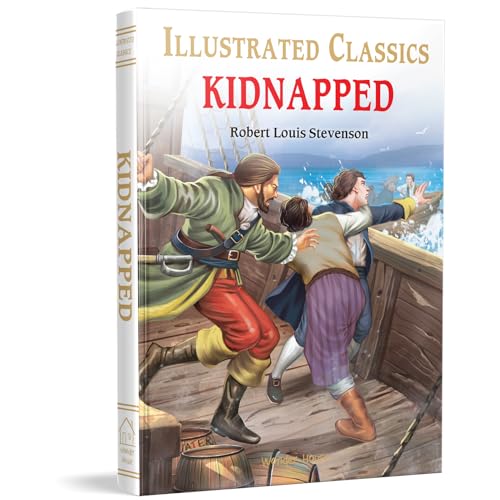 Book cover of “Kidnapped” depicting a pirate grabbing a young man on a ship.