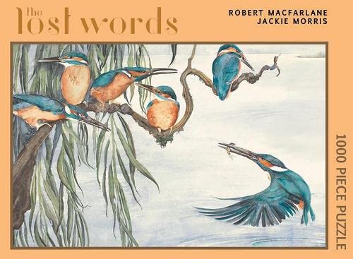 Four kingfishers perched on branches over water, jigsaw puzzle box.