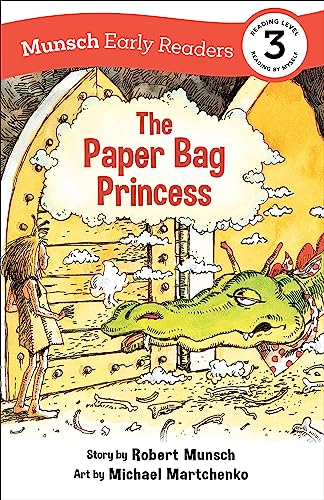 Book cover: princess in a paper bag facing a green dragon.