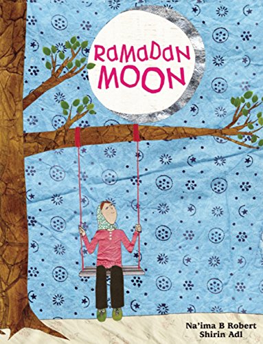 Book cover: girl on a swing under a crescent moon, patterned background.