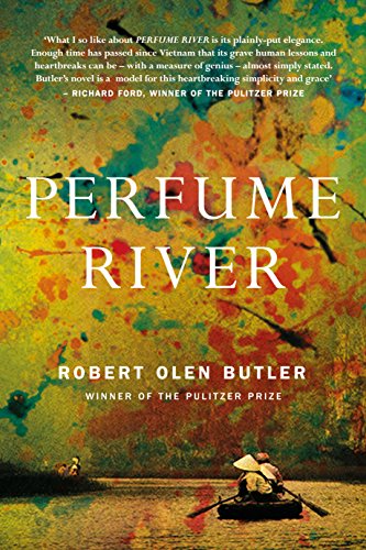 Book cover for "Perfume River" with abstract paint and a small boat.