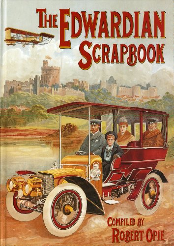 Vintage scrapbook cover with an early automobile, biplane, and castle scene.