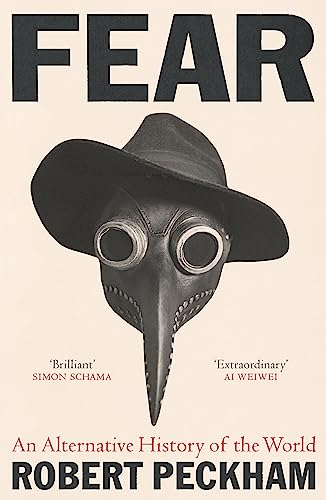 Book cover titled Fear featuring a black plague doctor mask and hat on beige.