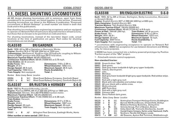 Open book displaying technical specifications for British railway locomotives and stock.