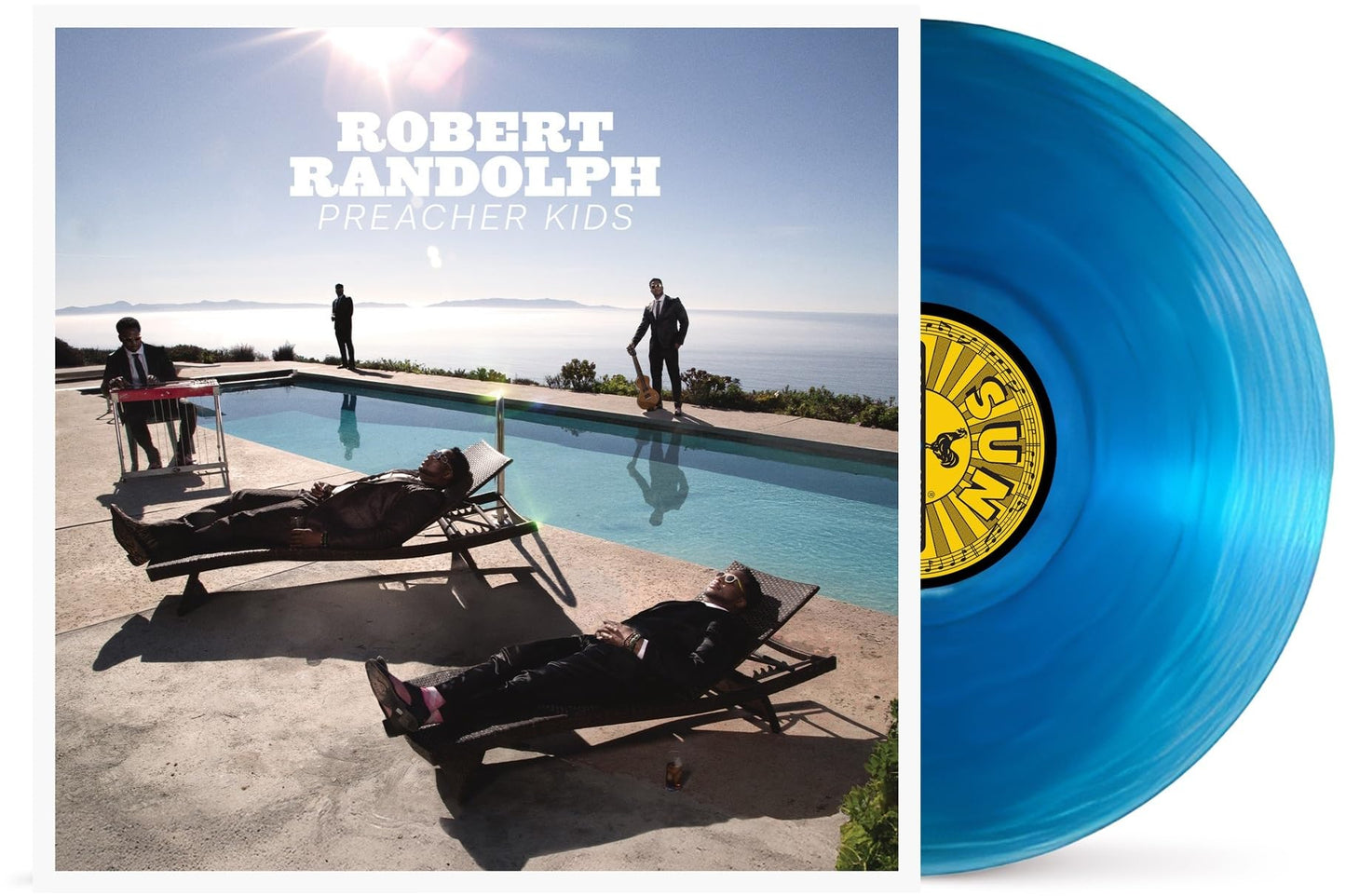 Robert Randolph album cover and a blue vinyl record shown.