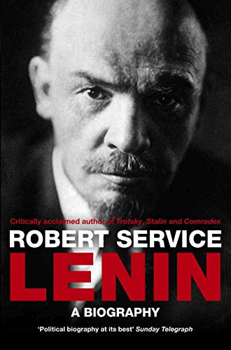 Book cover with black and white photo of Lenin, red and white text on black background.