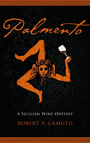 Book cover: "Palmento" with a triskelion design holding a wine glass.