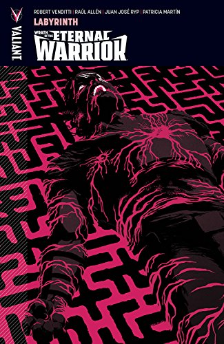 Comic book cover featuring a silhouetted warrior amidst a pink labyrinth.