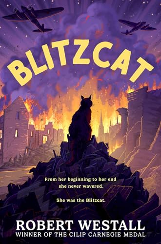 A cat sits on rubble before a burning city with airplanes flying overhead.