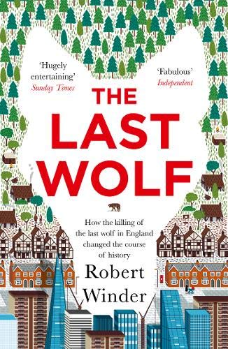 Book cover with red title, wolf-shaped background, and illustrated buildings.