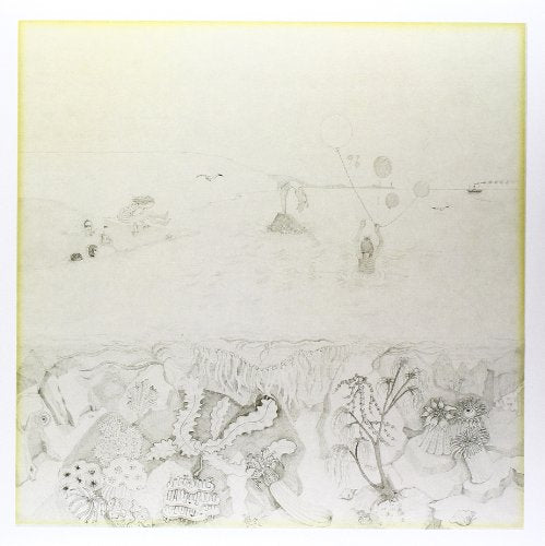 Pencil sketch of a seascape with figures and floating objects.