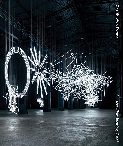 Illuminated abstract neon sculptures suspended in a large, dark industrial space.